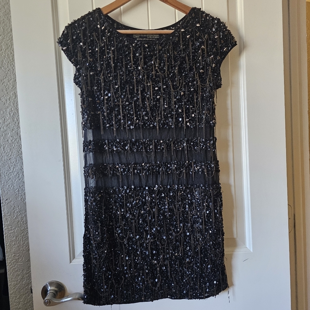 AllSaints Spitalfields Conical Tee Dress Black Beaded Silk Size 4 Rare